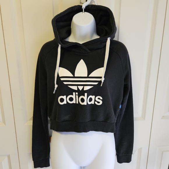 Adidas Trefoil Black Cropped Hoodie Sweatshirt Size Small - Picture 14 of 15